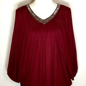 Beaded Neckline Butterfly Sleeve Burgundy Top